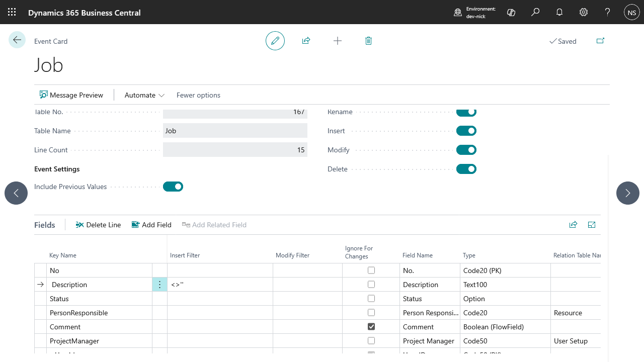 Event Card for the Project table with Bill-toCustomerNo's related No./Name/SearchName fields nested underneath it