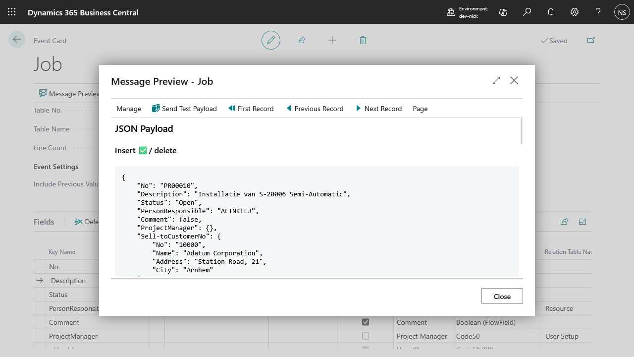 Message Preview for a Project record, showing the JSON payload with a nested Bill-toCustomerNo object and the Insert filter passing