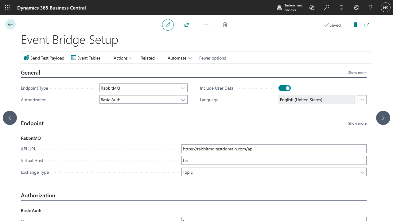 Event Bridge Setup configured for a RabbitMQ endpoint with Basic Auth